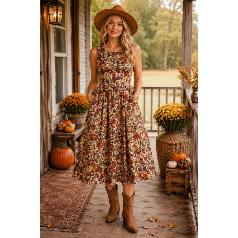 Vintage Autumn Pumpkin Floral Midi Dress Sleeveless Pockets Fall Cottagecore